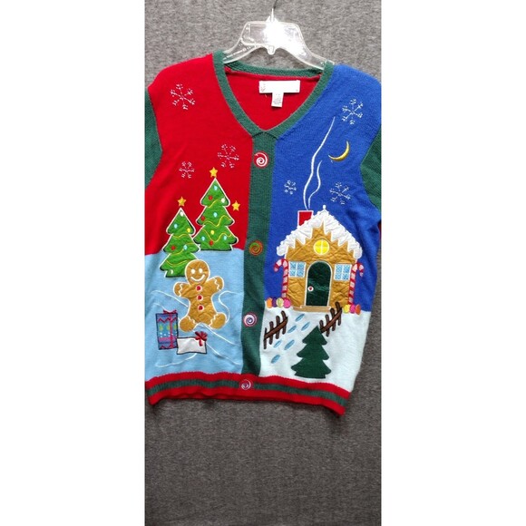 Jolly Ugly Sweater Unisex Med. Christmas Holiday V Neck Gingerbread House Snow - Picture 2 of 7